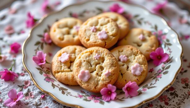 Plate of cookies on vintage dish with bright flowers scattered elegantly around each cookie for charm. photo