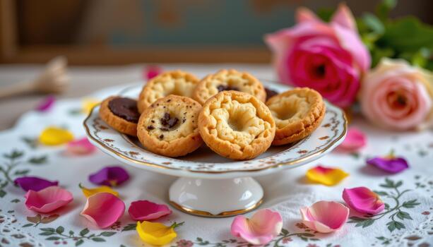 Elegant vintage plate holding assorted cookies with colorful petals scattered around for charming soft aesthetic. photo