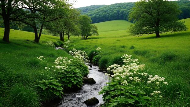 Nature background, Nature wallpaper, Lush green rolling hills and a flowing stream with white wildflowers trees on a sunny day photo