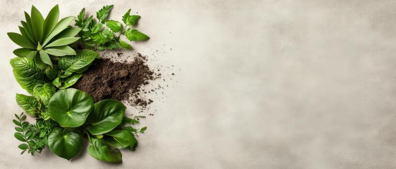 Fresco verde plantas con oscuro suelo montón en texturizado ligero gris superficie. conceptos para cultivo, agricultura, y urbano agricultura foto