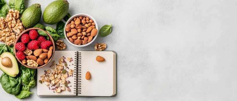 Avocado Walnuts Raspberries Almonds Spinach with Opened Notepad Displays Fitness and Health Food on White Background photo