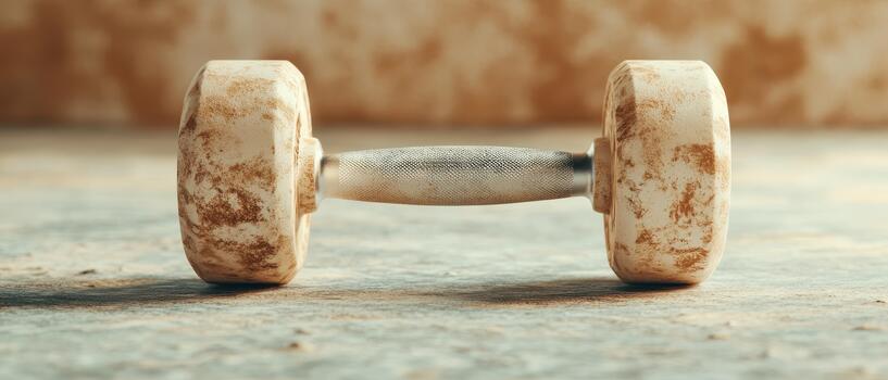 Single dumbbell rests on surface. Exercise equipment is ready for body training. It is about fitness and health. photo