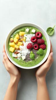Hands hold fresh green smoothie bowl with mango raspberries seeds and coconut on gray surface for health and fitness photo