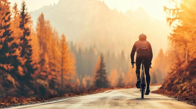 Man Rides Bicycle Along Road. Autumn Trees Line Path. Sunlight Shines Through Forest. Mountain Background. Exercise and Well Being. photo
