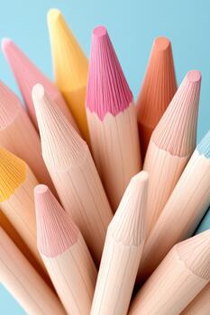 Group of coloring pencils with light wood texture showing many pastel colors on a plain light blue table forming a still life macro view photo