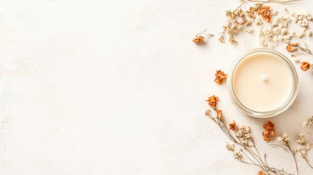 Aroma candle in glass container surrounded by dry flowers on a textured surface. Peaceful and calming scene. Cream colored wax. Top view flat lay. photo