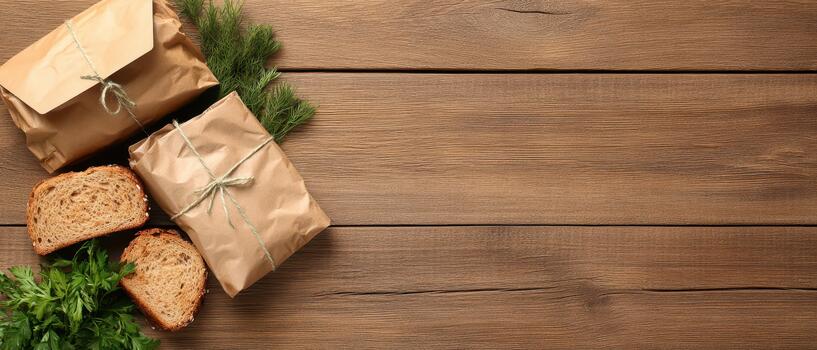 Wrapped packages rest near bread slices and green herbs. Rustic wood table background displays food ingredients. Flat lay arrangement with natural elements. photo
