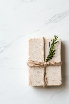 Handmade bar soap with twine and green sprig on white marble background. Natural soap is rectangular with a plant on a stone surface. photo
