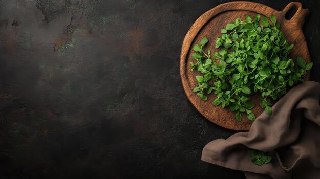 Fresh green herbs lie on a round wooden board with rustic fabric against a dark textured surface top view photo