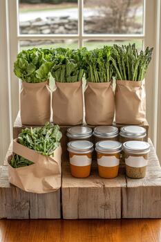 Fresh green vegetables displayed in paper bags with sealed jars on aged wooden blocks near a window light. photo
