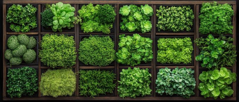 Collection of green plants arranged in wooden grid sections, showing varied textures and shapes. photo