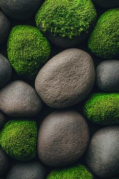Smooth dark stones covered with bright green moss create a textured natural background. photo