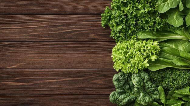 Fresco verde frondoso vegetales arreglado en un rústico de madera mesa superficie con Copiar espacio foto