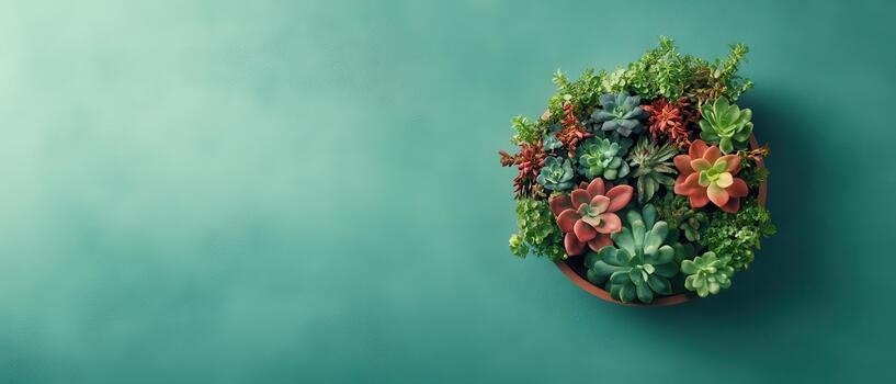 A beautiful arrangement of assorted green and reddish succulents sits in a round brown container against a textured teal background. photo