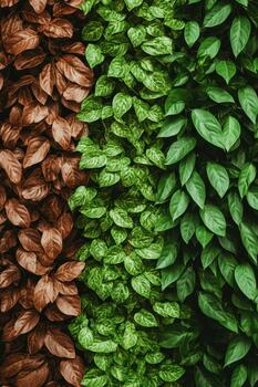 Three vertical bands of leaves, one brown, two varying shades of green, creating a textured natural background pattern. photo