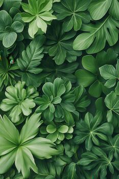 Lush green foliage creating a natural vertical garden display with varied leaf shapes and textures. photo