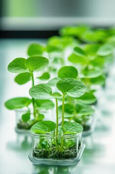 Tiny green plant sprouts grow in clear containers arranged in a row, showing new life and cultivation. photo