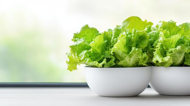 Fresh green lettuce growing in white bowls on a table, close up with soft green background. photo