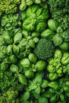 A vibrant, overhead view of various fresh green herbs and leafy vegetables arranged closely together, creating a lush pattern. photo