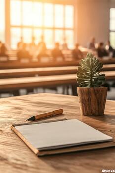 Notebook pen and plant on a wooden desk in a sunlit classroom with blurred students in the background photo