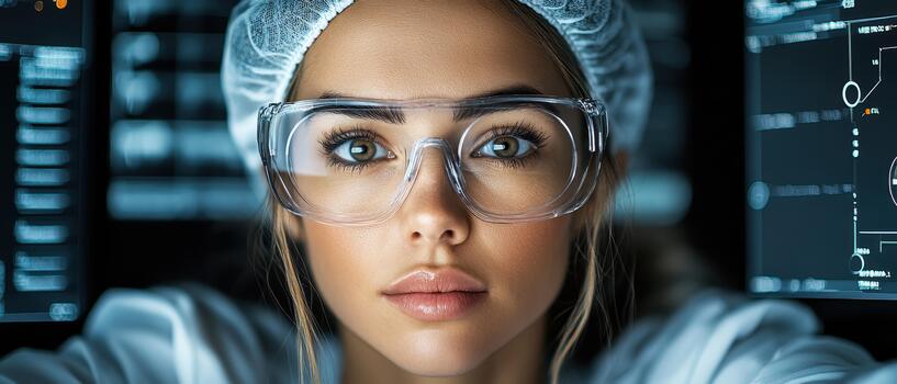 Genetic engineering researcher in protective eyewear examines complex data on screens, focused on scientific discovery. photo