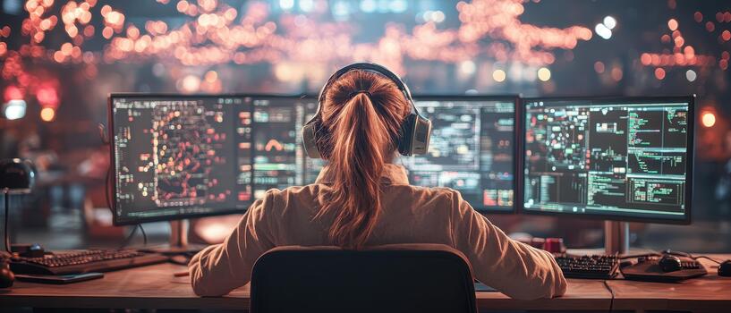 persona analizando complejo datos en múltiple pantallas a noche. resumen brillante luces en antecedentes. espacio tecnología operaciones. foto