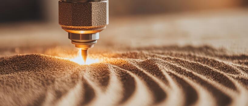 Precision machine shaping granular material, creating intricate patterns with focused energy. Advanced technology in material science. photo
