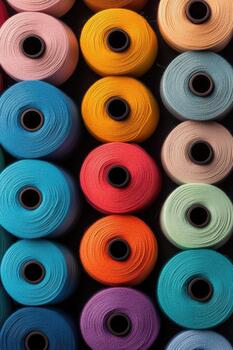 Rows of colorful spools of thread arranged neatly, showcasing vibrant hues and textured material. photo