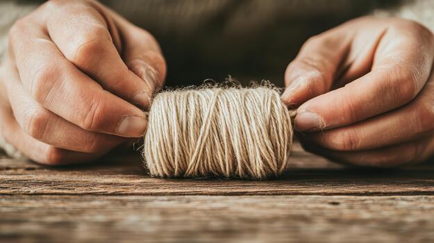 Hands hold a ball of natural twine on a rustic wooden surface, emphasizing focus and tactile creation. photo