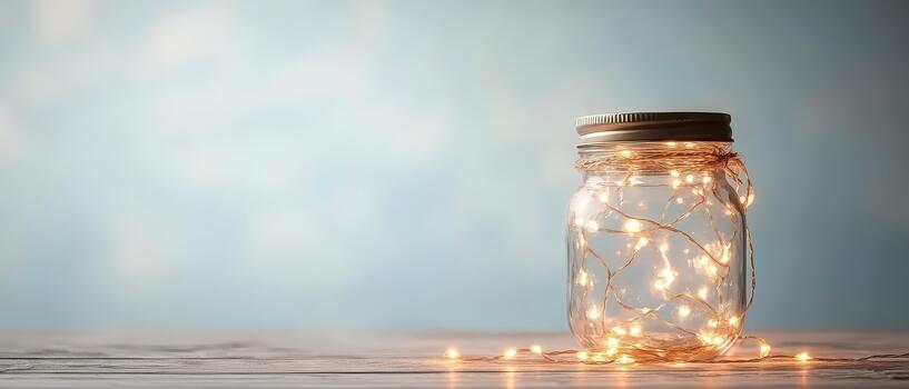 Glass jar filled with glowing fairy lights creating a bright idea and creative inspiration on a wooden surface with soft blue background. photo