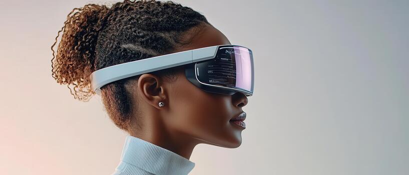 Woman wearing futuristic headset experiencing virtual reality with mirrored lenses against a soft gray backdrop. photo
