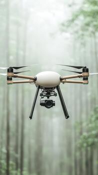 Aerial drone with camera flying over a foggy forest with tall trees. photo