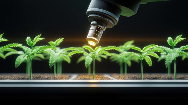 Advanced laboratory analysis of young green plants under a bright light and microscopic lens, representing future biological science innovation. photo