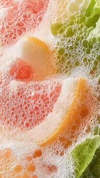 Abstract food elements with colorful bubbles and froth, showcasing modern culinary science and texture. photo