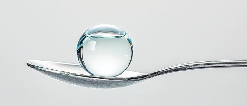 A perfect sphere of clear liquid resting on a shining metal spoon against a clean bright background reflecting culinary science. photo