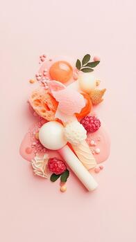 Creative arrangement of spherical and textured food elements with berry and mint garnish on soft pink background showcasing modern culinary design photo