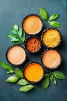 Several bowls contain various colored powders and liquids surrounded by green leaves on a dark textured surface. photo