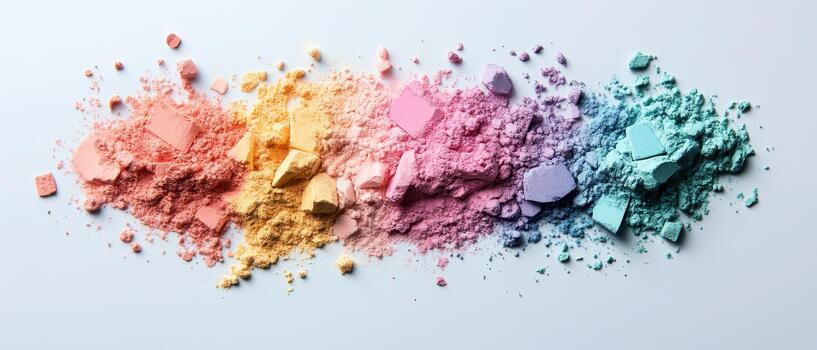 en polvo maquillaje derrames en un espectro de brillante, vibrante colores en un llanura superficie, formando un artístico forma. foto