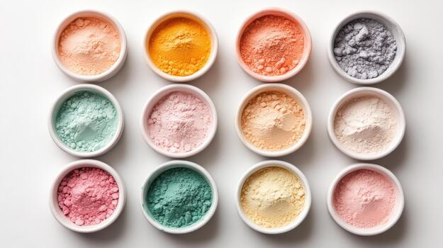 Twelve small bowls filled with colorful powders, arranged neatly on a white surface, displaying various pastel and vibrant hues. photo