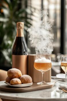 Bottle with golden foil, overflowing drink in glass, and sugared pastries on a table with plants in background. photo