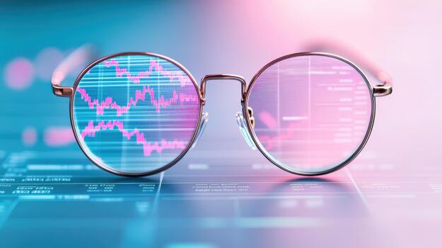 Round glasses resting on a digital interface displaying a downward trending financial graph with glowing pink and blue lines, representing economic data analysis. photo