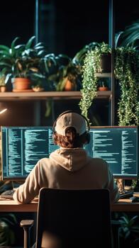 Developer wearing headphones works on multiple screens displaying code with lush green plants in a modern workspace, representing fintech innovation. photo