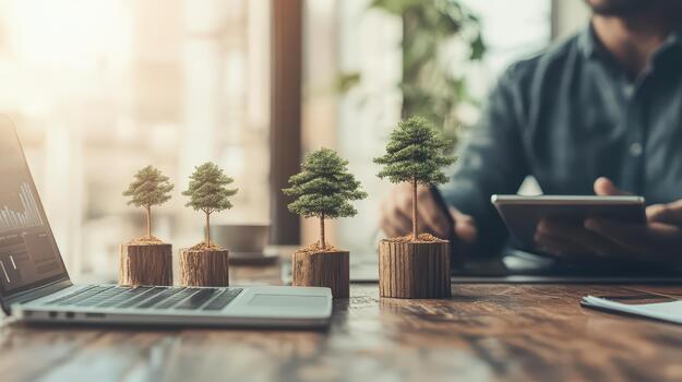 Financial growth concepts with miniature trees on a laptop and a person using a tablet in a bright office setting, symbolizing digital finance advancements. photo