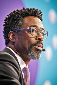Man in suit and tie with glasses speaks into a microphone, representing fintech advancements and financial technology discussions. photo