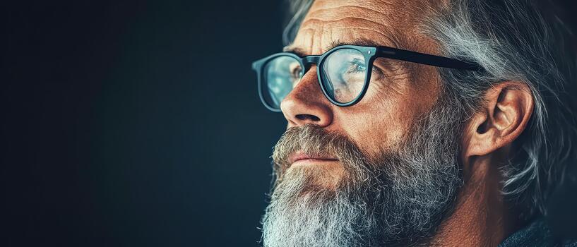 Mature man with glasses and beard looking forward, representing foresight in financial technology advancements. photo