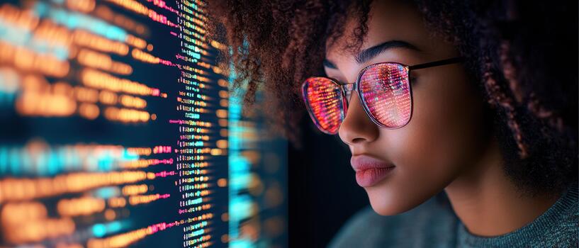 Focused woman with glasses reflecting bright code on screen, symbolizing fintech innovation and digital analysis. photo
