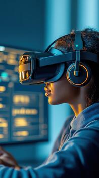 persona vistiendo virtual realidad auriculares usos computadora para digital inmersión y interactivo experiencia en un moderno espacio de trabajo con brillante pantallas foto