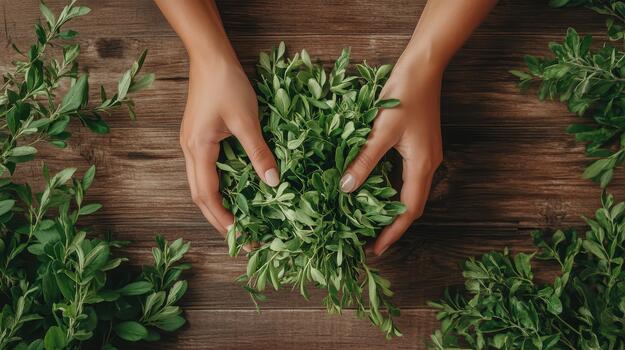 Hands hold green leaves on a rustic wooden surface with leafy branches framing the scene. photo