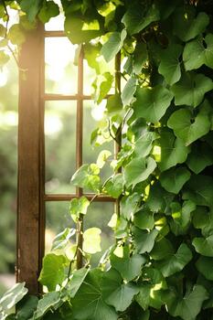 Lush green vines growing over a rustic wooden window frame bathed in soft sunlight. photo