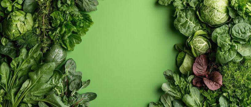 Lush green leafy vegetables arranged in vertical garden style frame a textured green background. photo